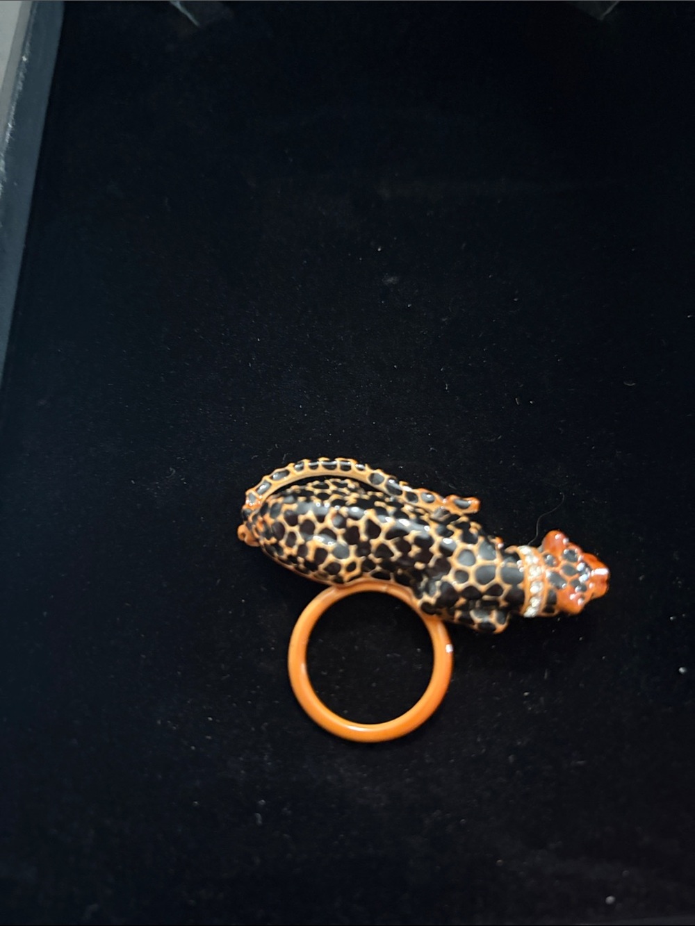 Leopard Print Cat Ring - Orange and Black Enamel